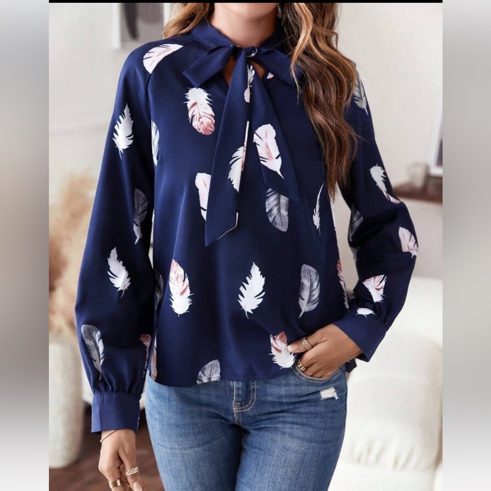 Feather Print Tie Neck Blouse